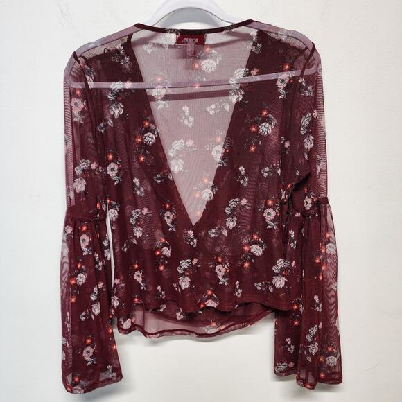 Bongo Mesh Flare Sleeve Blouse Top Size L Plum Wrap Front Boho Y2K Whimsigoth - Picture 12 of 12